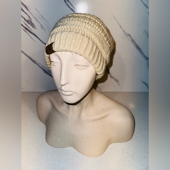 Tan Knit C.C. Hat Beanie with Faux Fur Pom - Picture 3 of 5